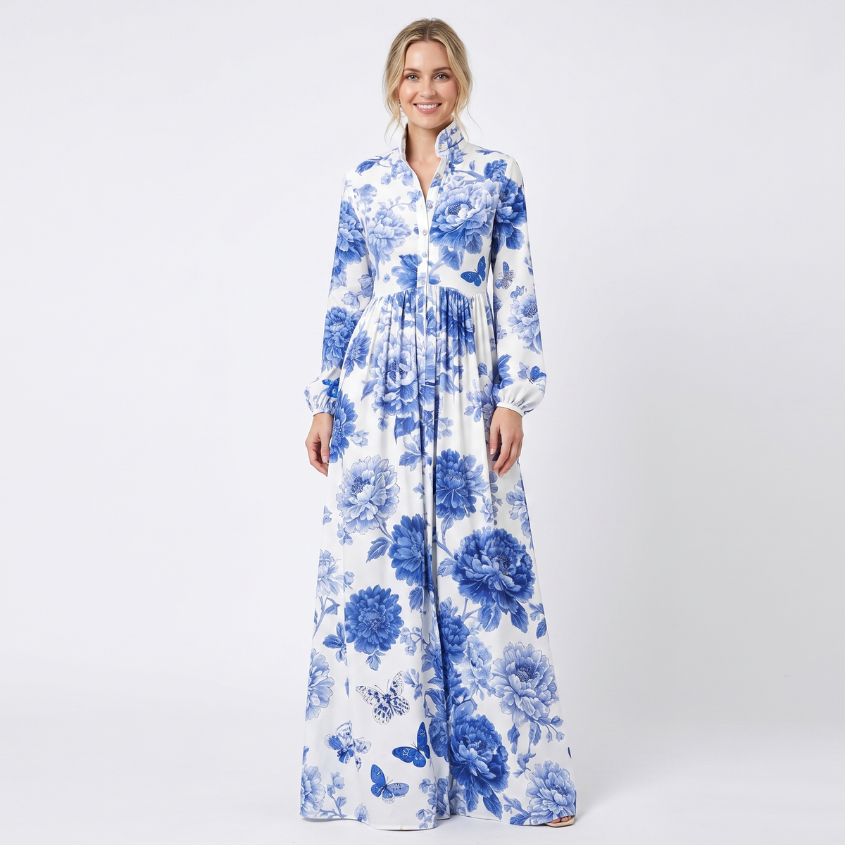 Women's Geometric Print Maxi Shirt Dress Long Sleeve Button-Down A-Line Casual Dress