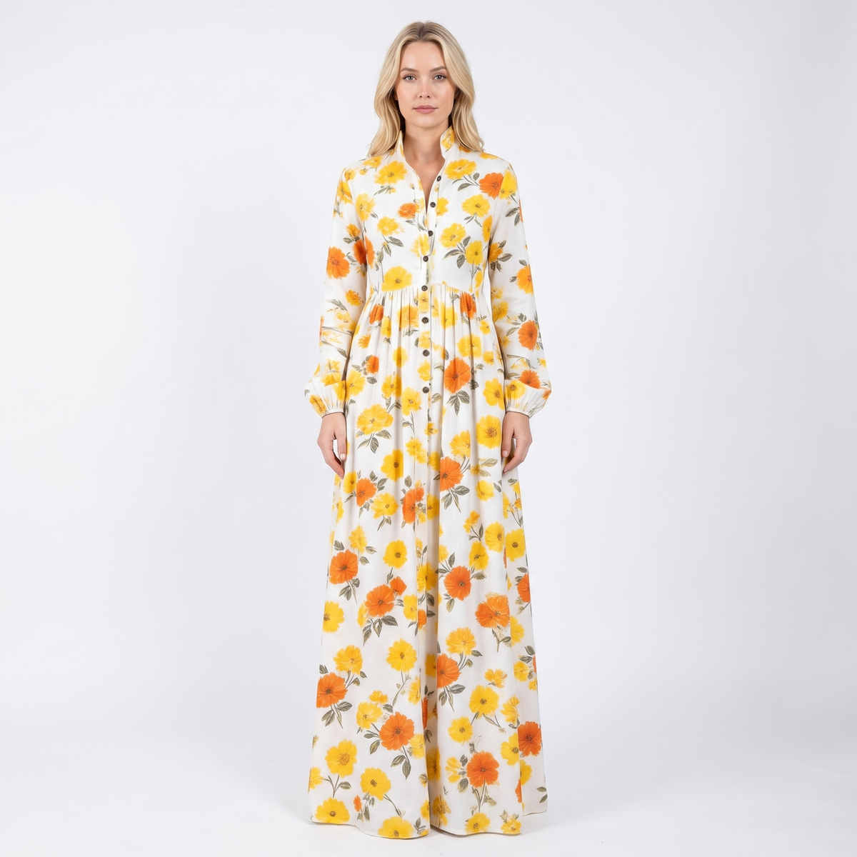Women's Geometric Print Maxi Shirt Dress Long Sleeve Button-Down A-Line Casual Dress
