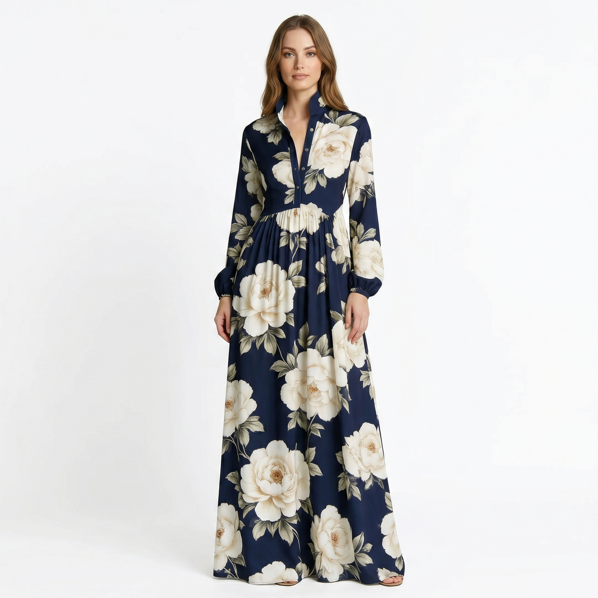 Women's Geometric Print Maxi Shirt Dress Long Sleeve Button-Down A-Line Casual Dress