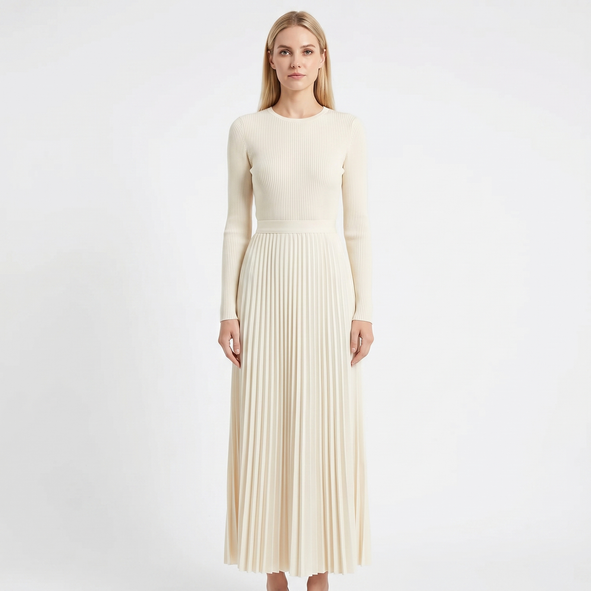 Women's Pleated Maxi Dress Long Sleeve Ribbed Bodice Elegant A-Line