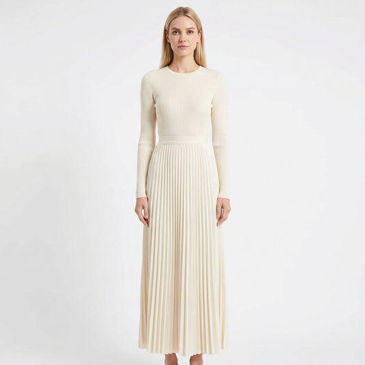Women's Pleated Maxi Dress Long Sleeve Ribbed Bodice Elegant A-Line