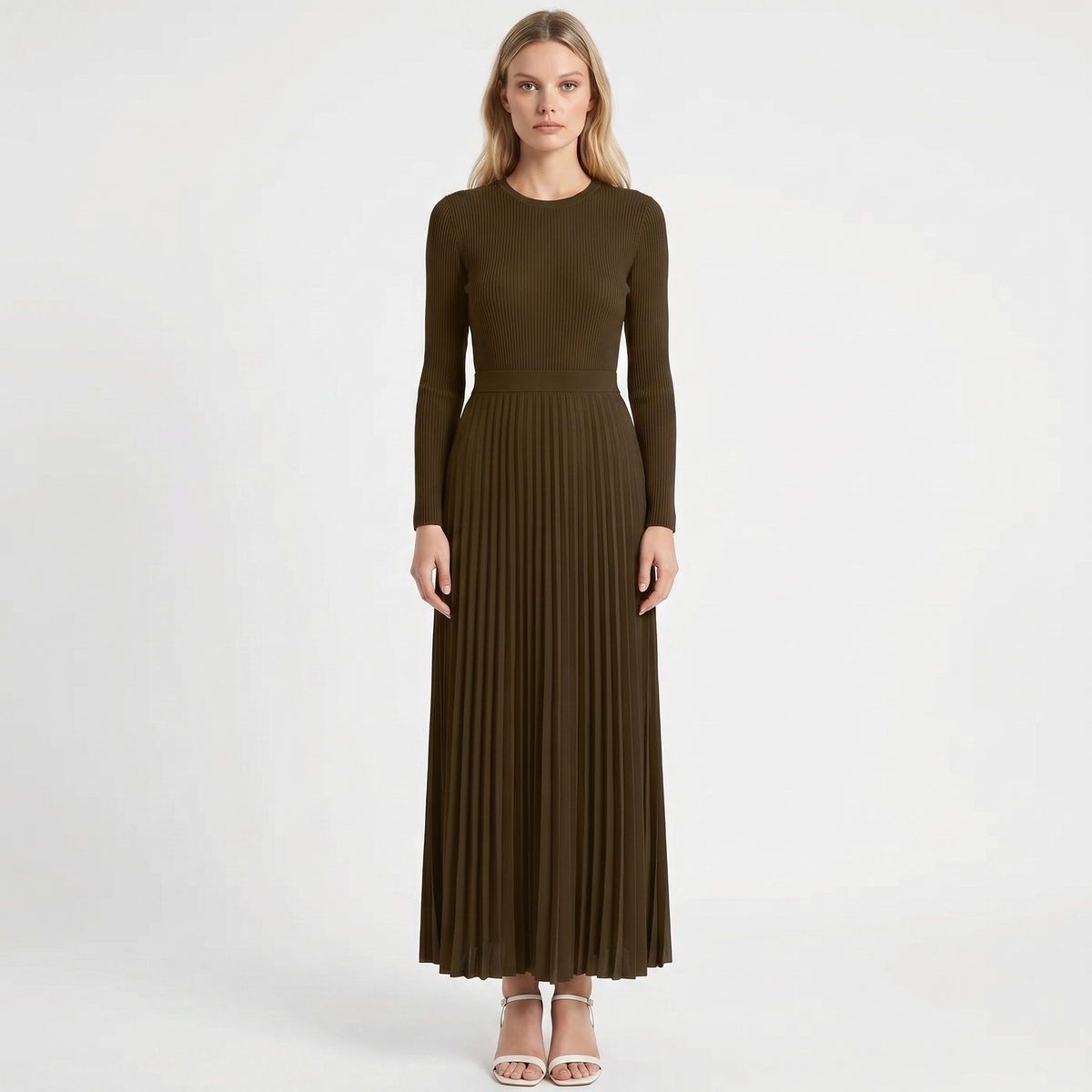 Women's Pleated Maxi Dress Long Sleeve Ribbed Bodice Elegant A-Line