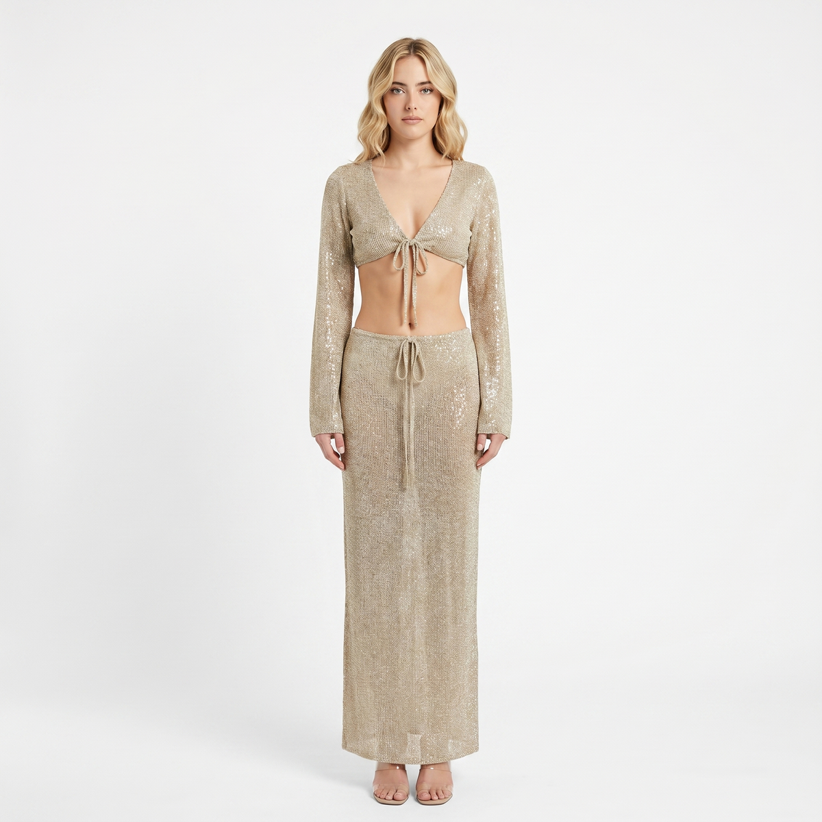 Women's Knit Three-Piece Set Bralette Cardigan Maxi Skirt Sparkle Evening