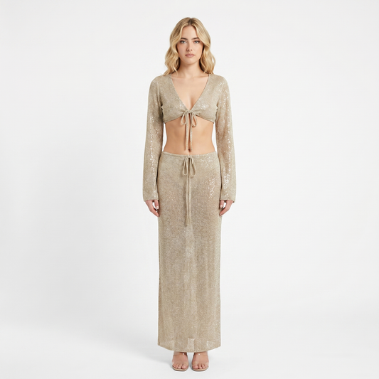 Women's Knit Three-Piece Set Bralette Cardigan Maxi Skirt Sparkle Evening