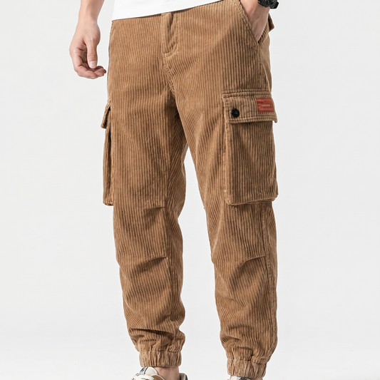 Men's Corduroy Cargo Jogger Pants Multi-Pocket Relaxed Fit Casual Streetwear