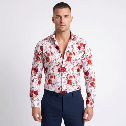 Men's Floral Print Long-Sleeve Shirt Slim-Fit Button-Down Casual