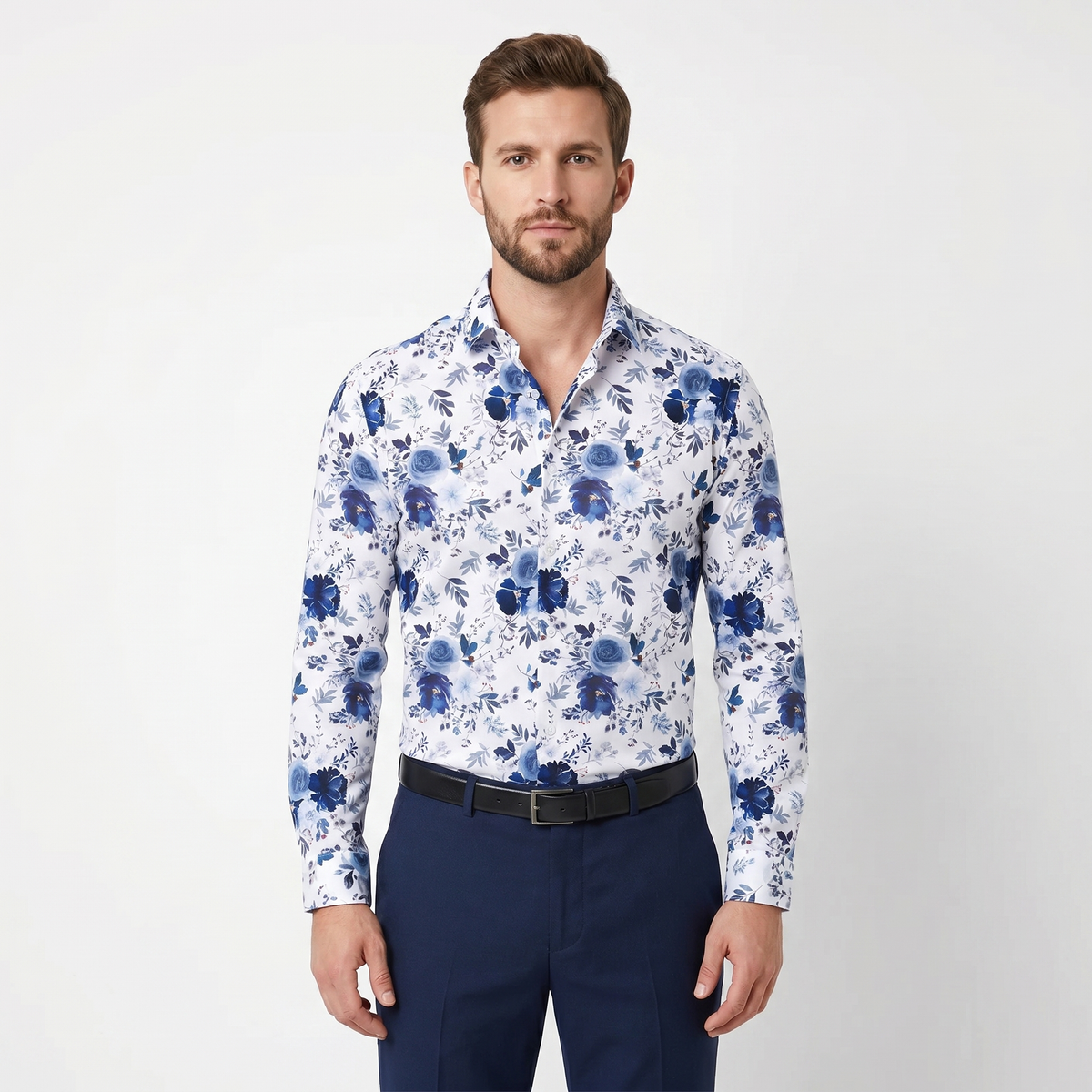 Men's Floral Print Long-Sleeve Shirt Slim-Fit Button-Down Casual