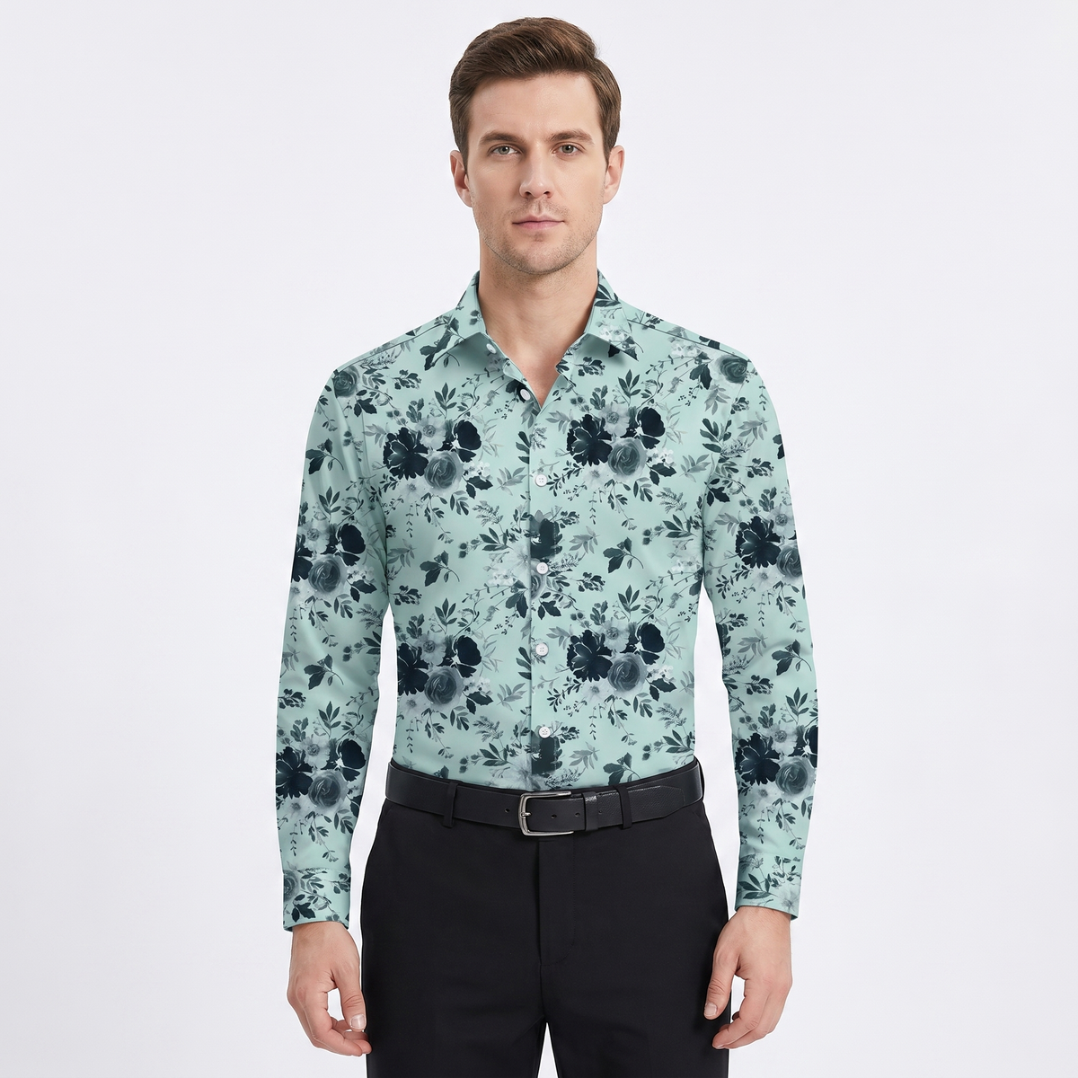 Men's Floral Print Long-Sleeve Shirt Slim-Fit Button-Down Casual