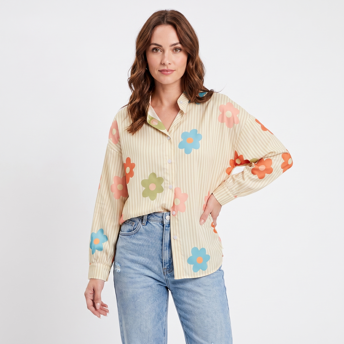 Women's Retro Floral Stripe Print Shirt Long-Sleeve Oversized Button-Down Blouse