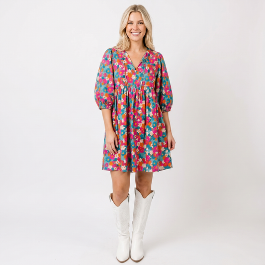 Women's Floral Print Babydoll Mini Dress V-Neck Long-Sleeve Smocked Casual Dress