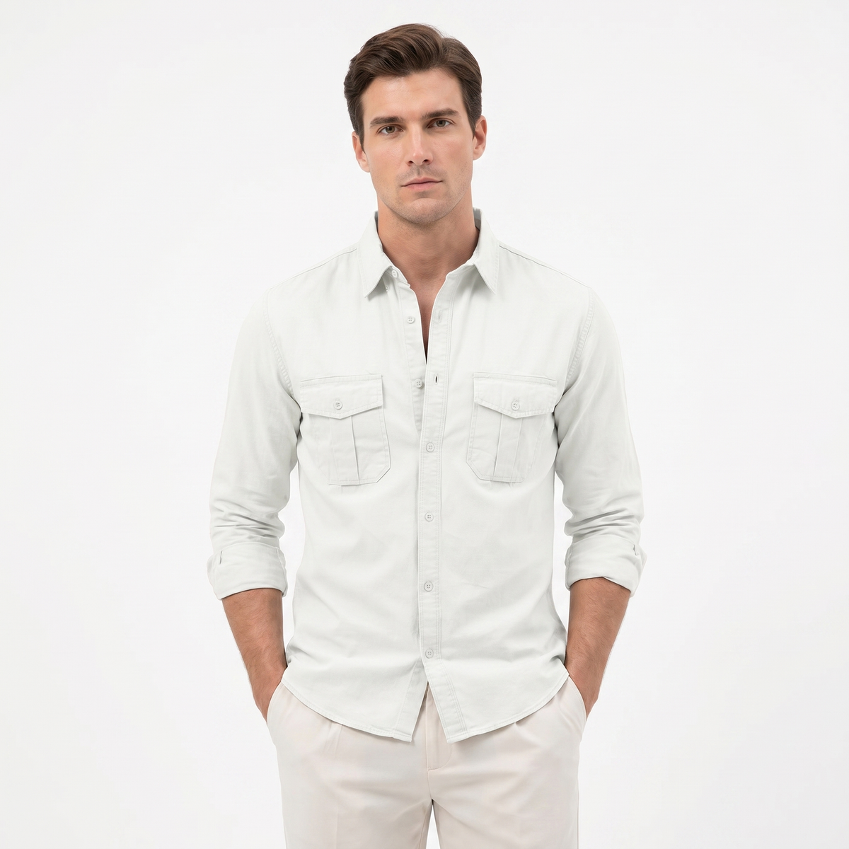 Men's Cotton Utility Shirt Long Sleeve Dual Chest Pocket Button Up Casual Shirt