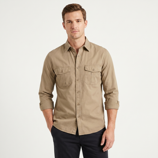 Men's Cotton Utility Shirt Long Sleeve Dual Chest Pocket Button Up Casual Shirt