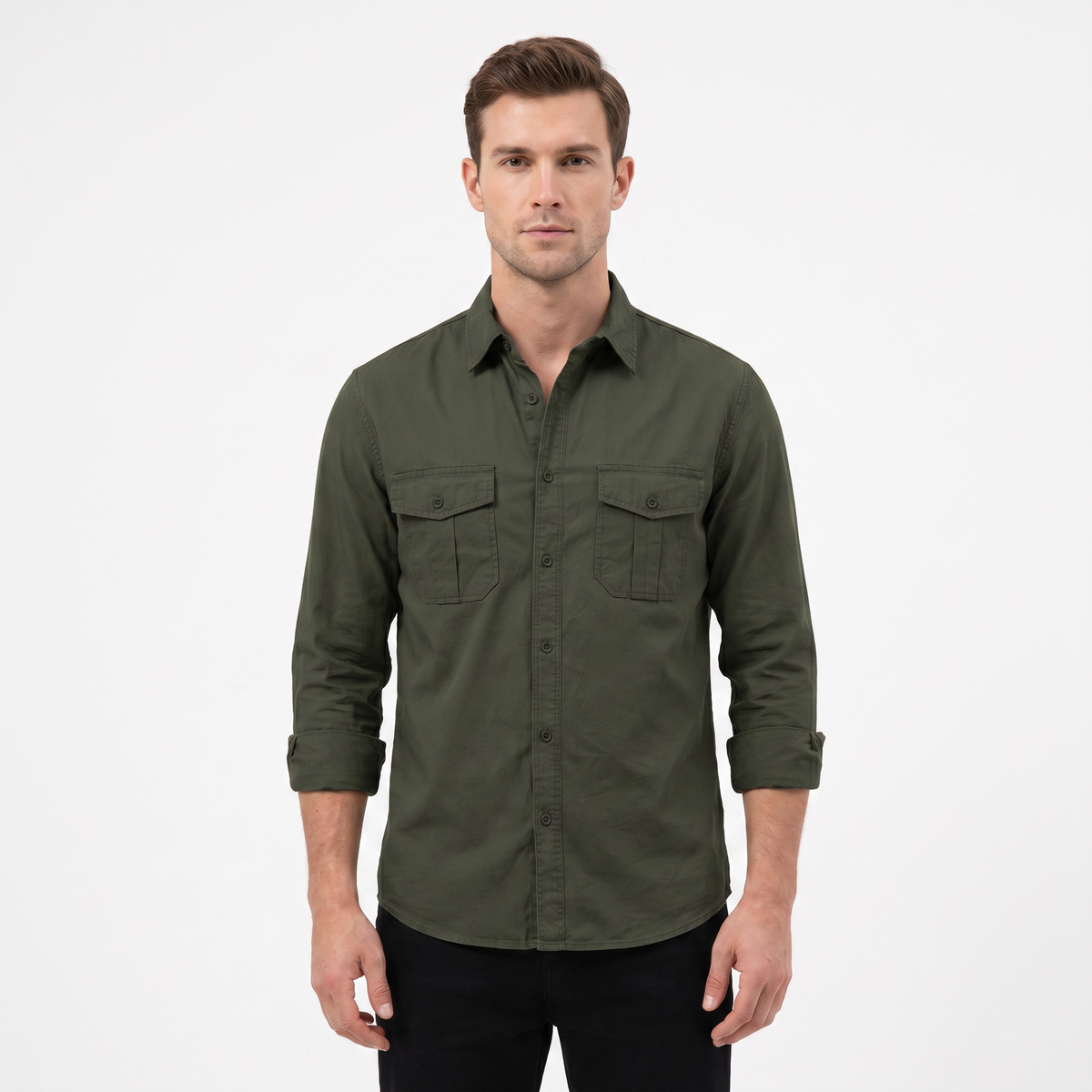 Men's Cotton Utility Shirt Long Sleeve Dual Chest Pocket Button Up Casual Shirt
