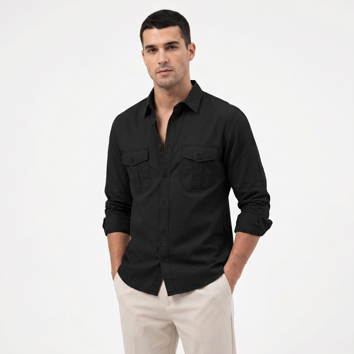 Men's Cotton Utility Shirt Long Sleeve Dual Chest Pocket Button Up Casual Shirt