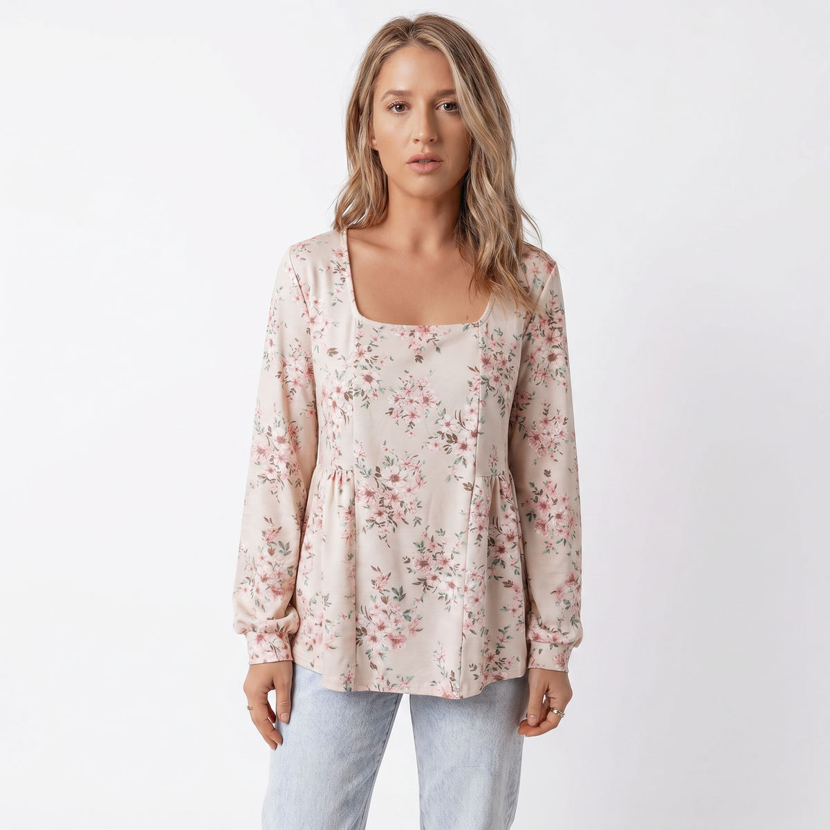 Women's Floral Print Long Sleeve Top Square Neck Peplum Hem Casual Blouse