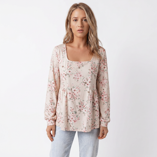Women's Floral Print Long Sleeve Top Square Neck Peplum Hem Casual Blouse