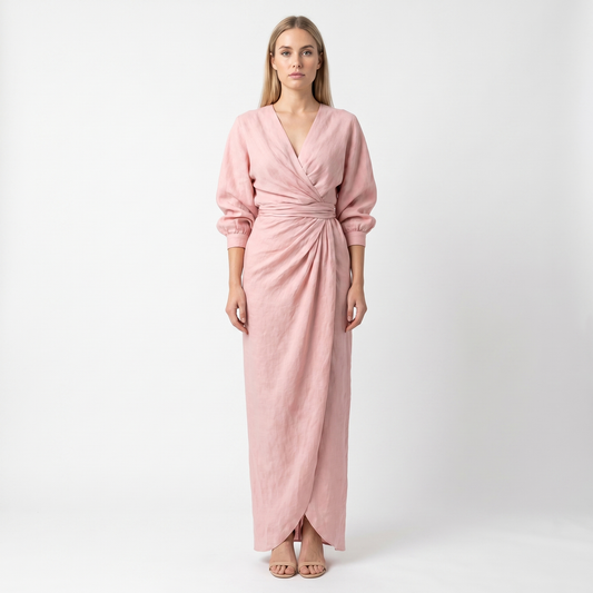 Women's Wrap Maxi Dress Deep V-Neck Ruched Waist Long Sleeve Elegant Formal Dress