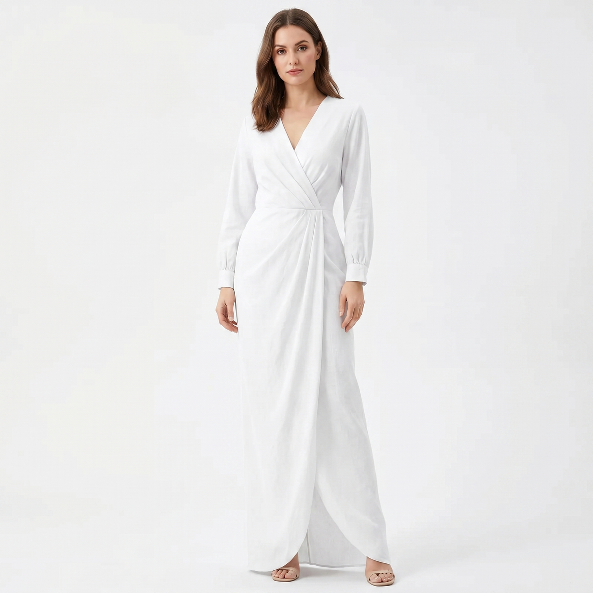 Women's Wrap Maxi Dress Deep V-Neck Ruched Waist Long Sleeve Elegant Formal Dress