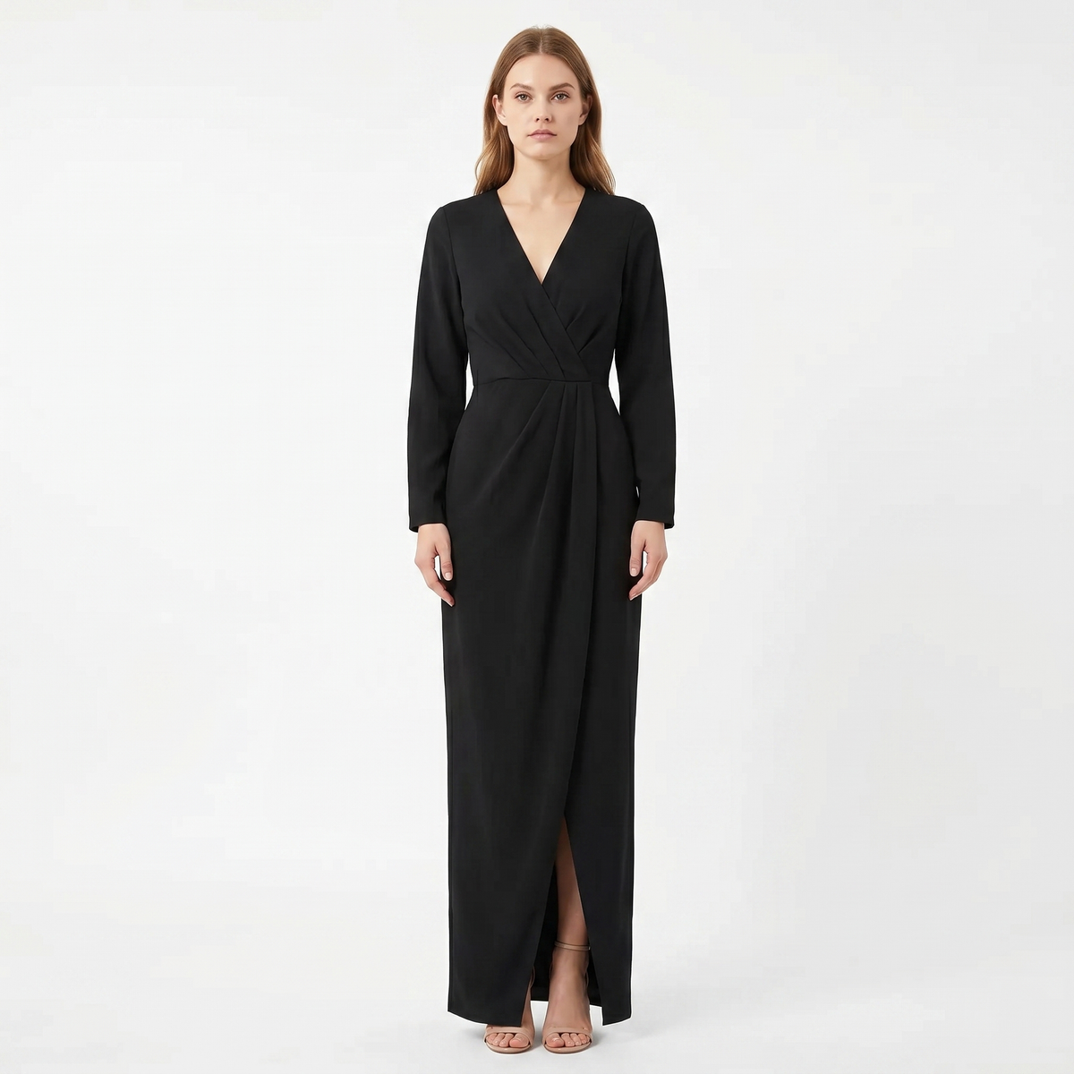Women's Wrap Maxi Dress Deep V-Neck Ruched Waist Long Sleeve Elegant Formal Dress