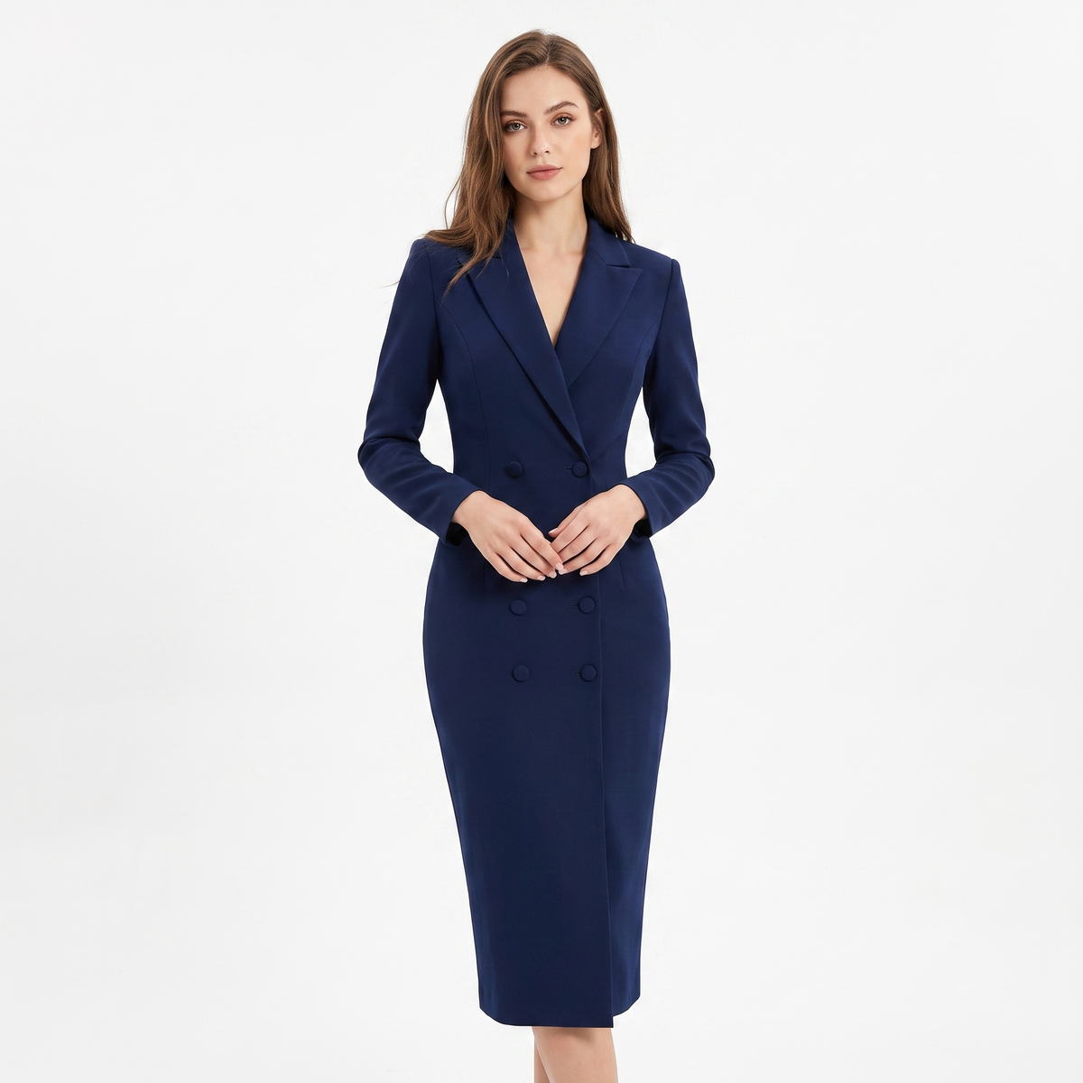 Women's Double Breasted Blazer Dress Long Sleeve Tailored Pencil Midi Dress