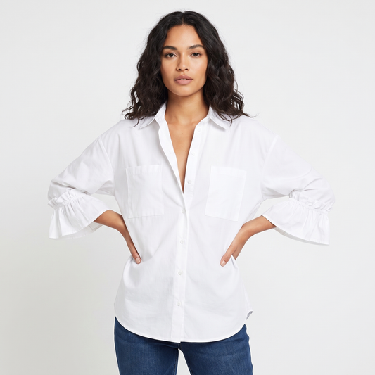 Women's Oversized Button-Down Shirt Long-Sleeve Ruffle Cuff Casual Blouse