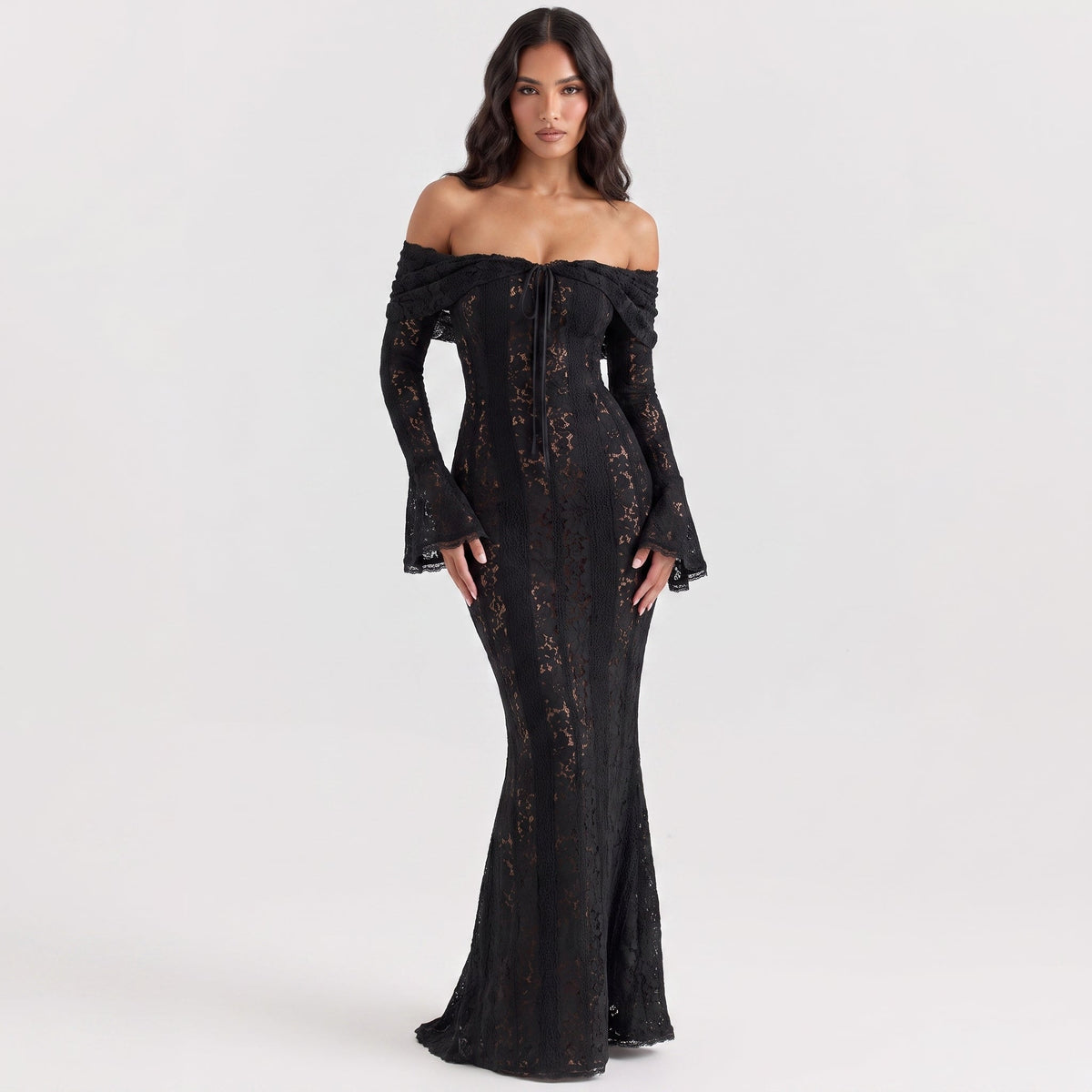 Women's Lace Corset Maxi Dress Off-Shoulder Long-Sleeve Mermaid Formal Gown