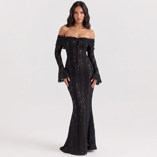 Women's Lace Corset Maxi Dress Off-Shoulder Long-Sleeve Mermaid Formal Gown