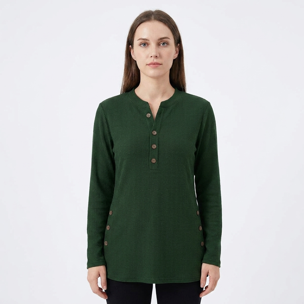 Women's Waffle Knit Henley Top Long Sleeve Button Side Slit