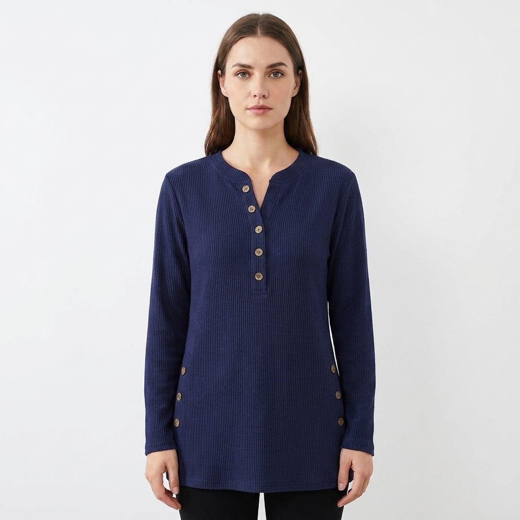 Women's Waffle Knit Henley Top Long Sleeve Button Side Slit