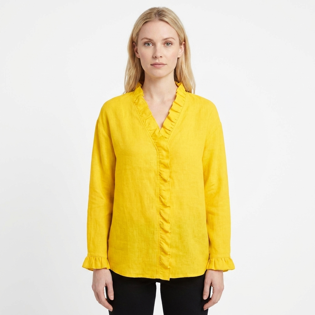 Women's V-Neck Blouse Ruffle Trim Long Sleeve Casual Top
