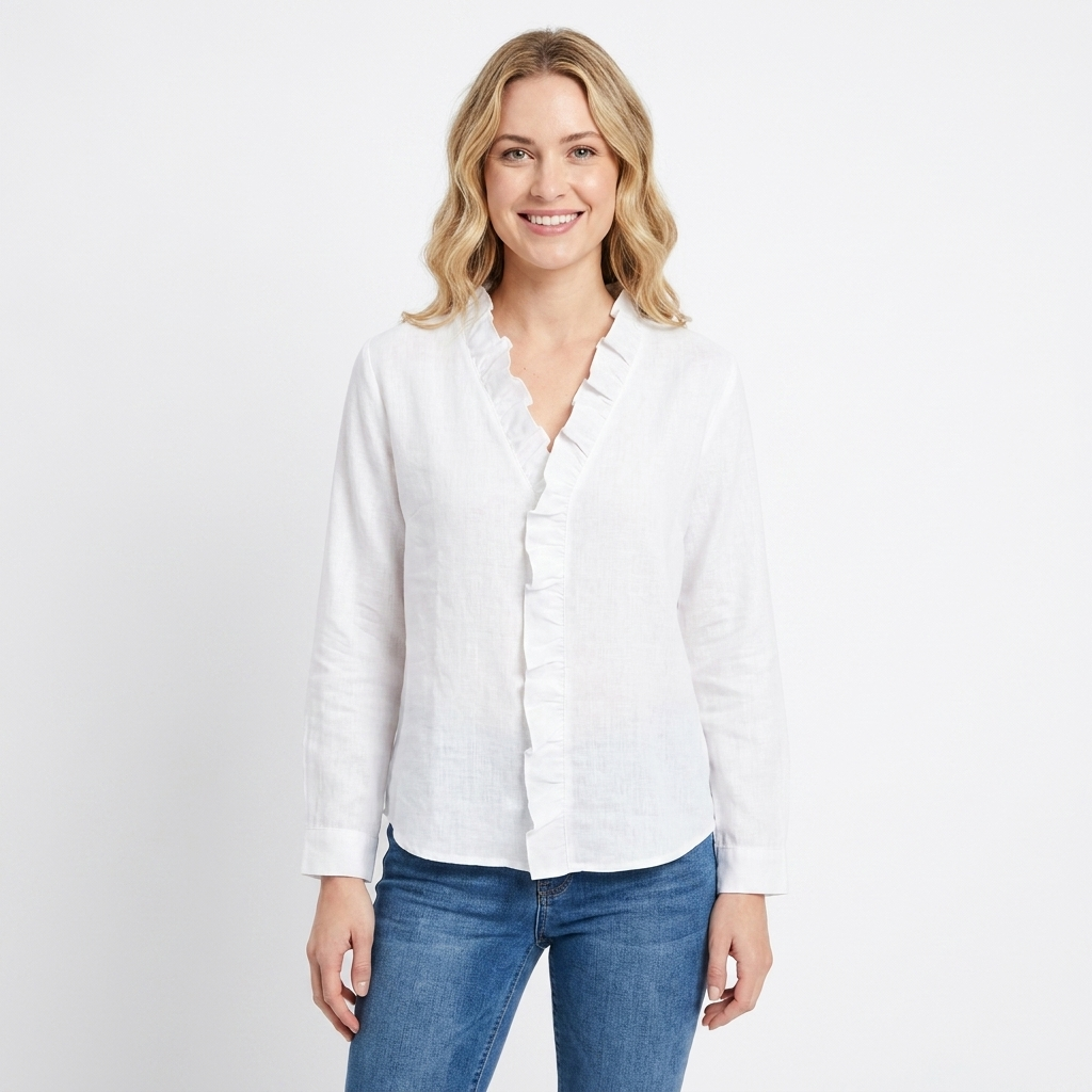Women's V-Neck Blouse Ruffle Trim Long Sleeve Casual Top