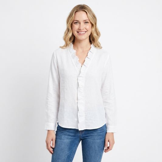 Women's V-Neck Blouse Ruffle Trim Long Sleeve Casual Top