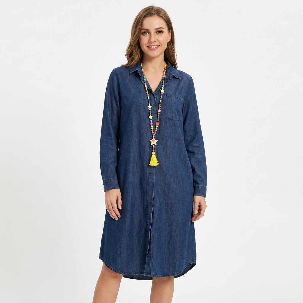 Women's Denim Shirt Dress Long Sleeve Button-Down Casual Midi