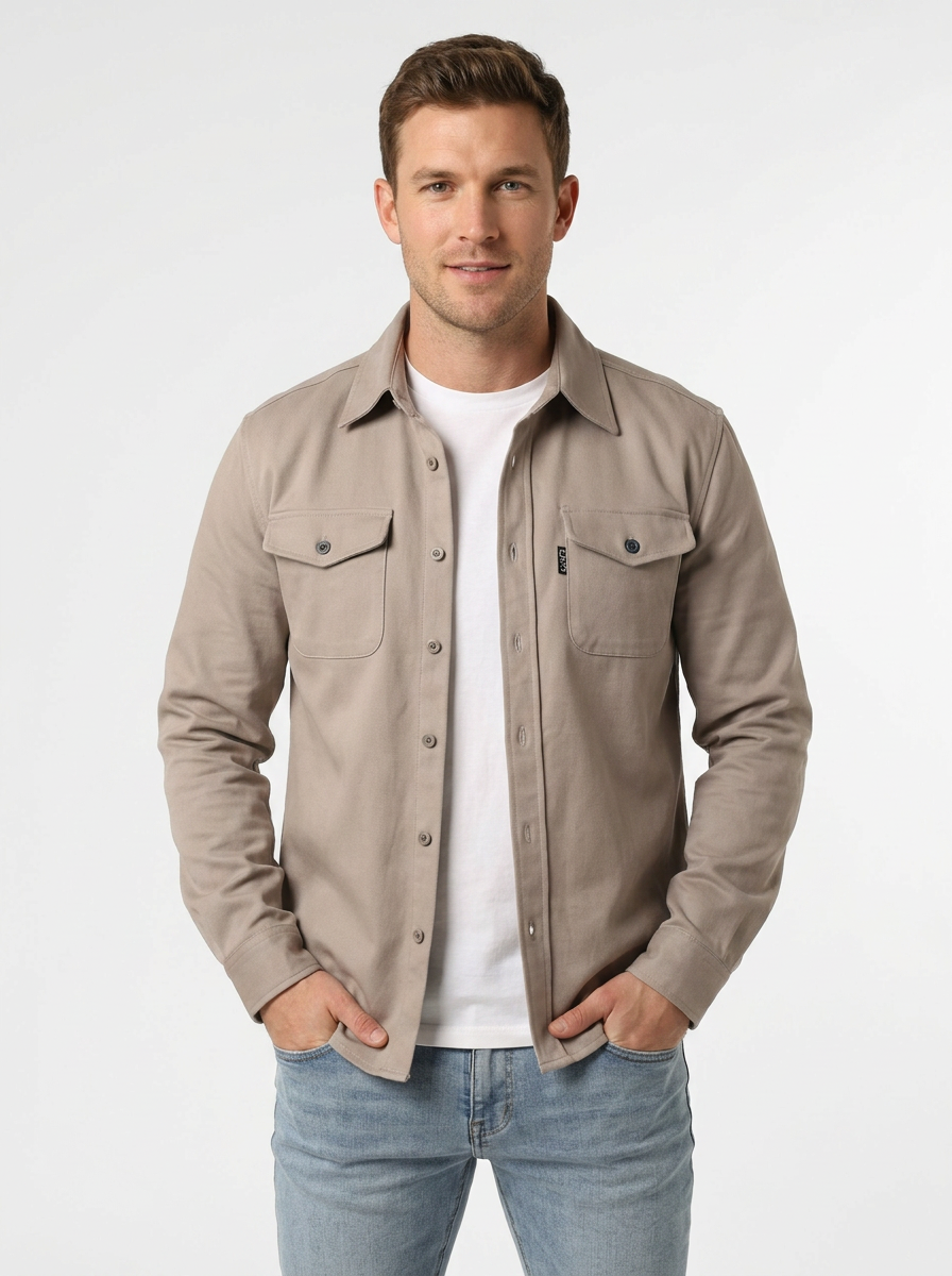 Men's Long Sleeve Button-Up Shirt Dual Chest Pocket Casual