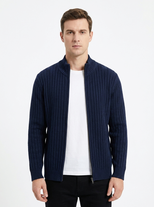 Men's Ribbed Knit Cardigan Full-Zip Stand Collar Sweater Jacket