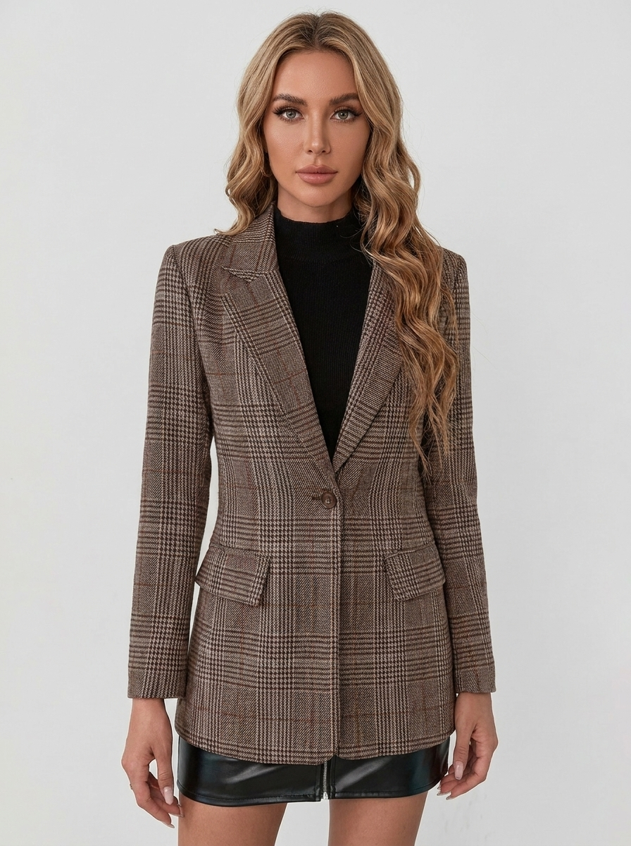 Women's Plaid Blazer Notched Lapel Single-Button Tailored Jacket