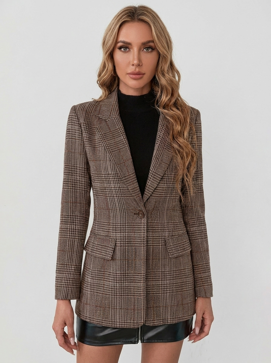 Women's Plaid Blazer Notched Lapel Single-Button Tailored Jacket
