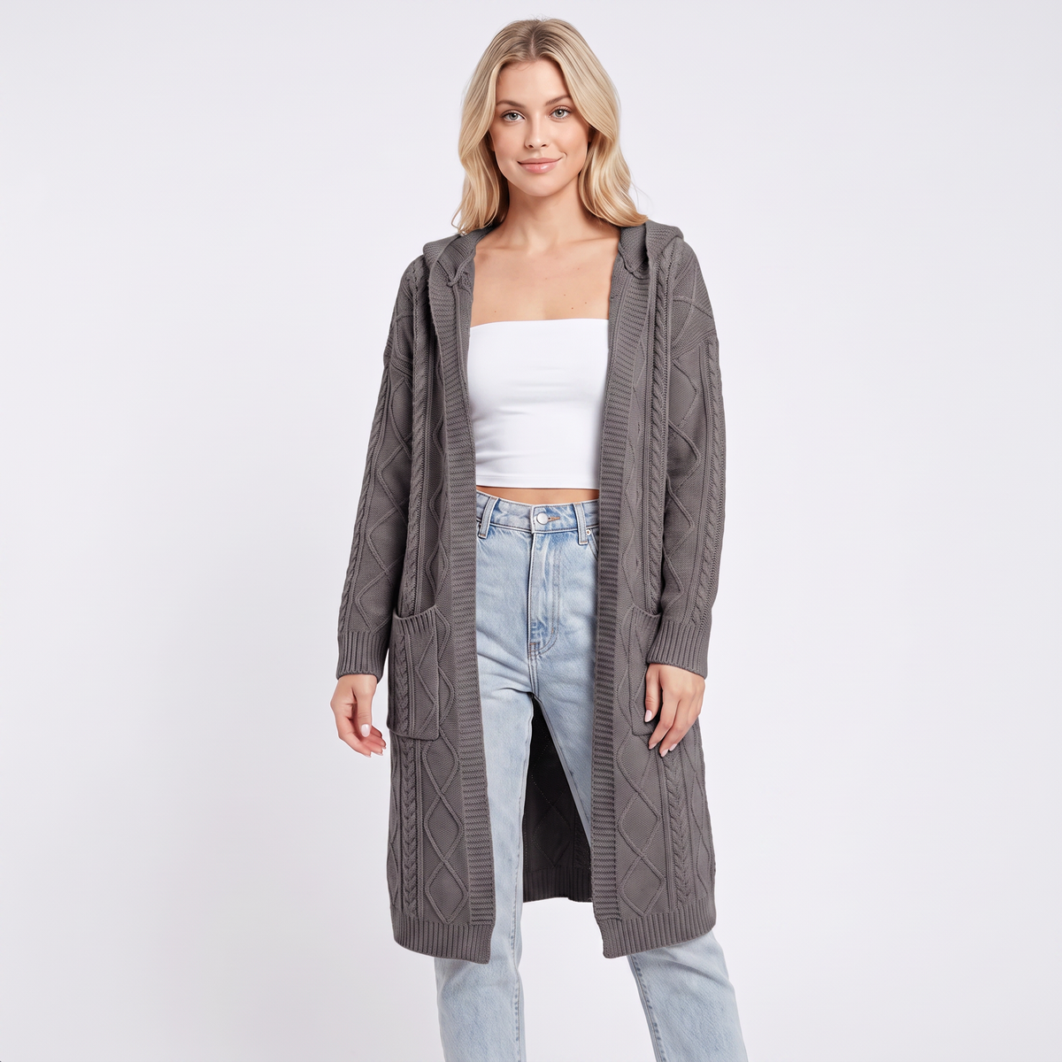 Women's Hooded Longline Cardigan Cable Knit Open Front Coat