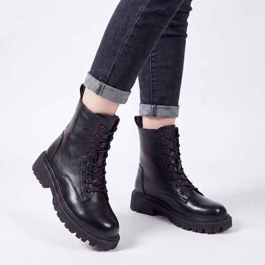 Women's Combat Boots Lace-Up Leather Platform Ankle Boots