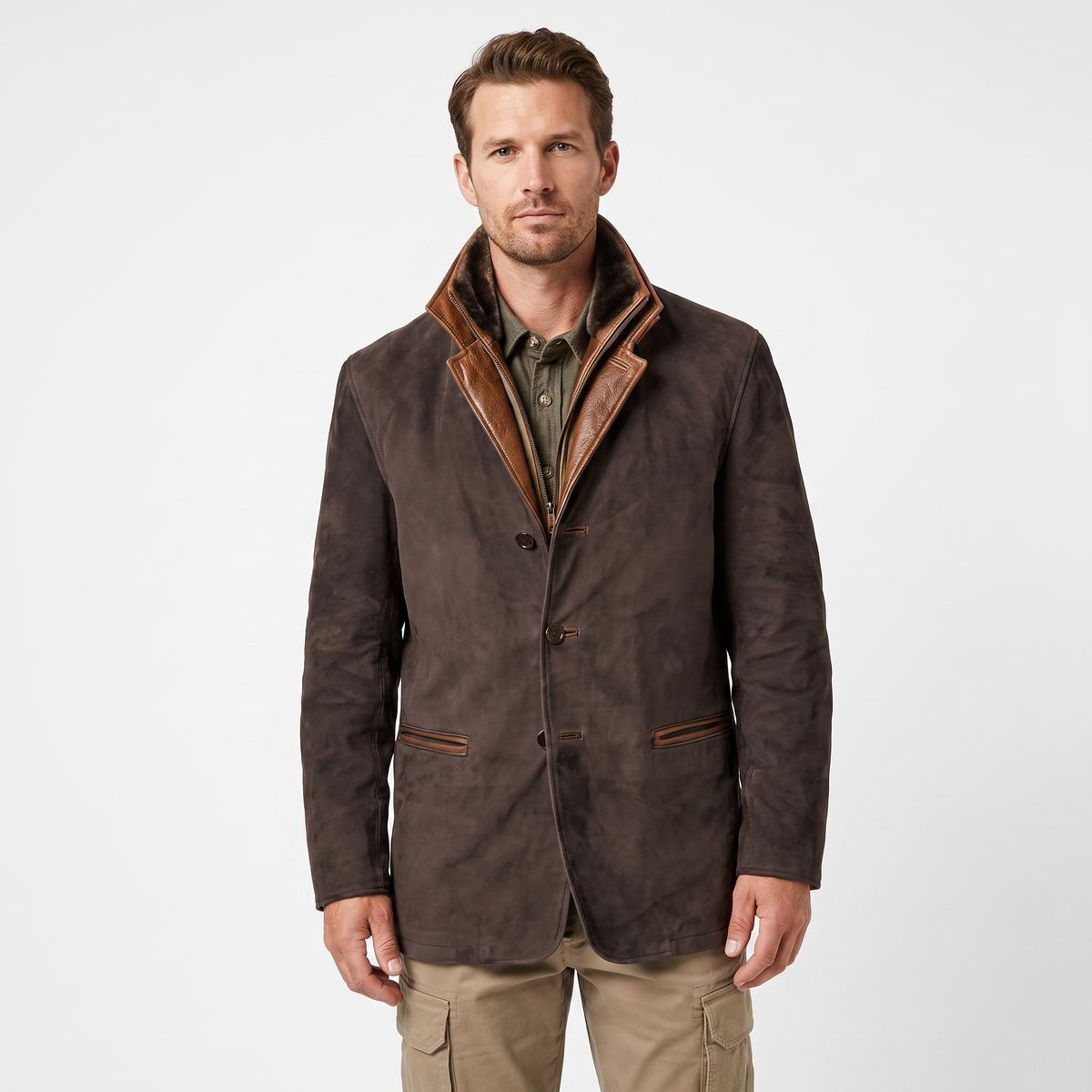 Men's Suede Leather Jacket Contrast Trim Stand Collar Blazer Coat