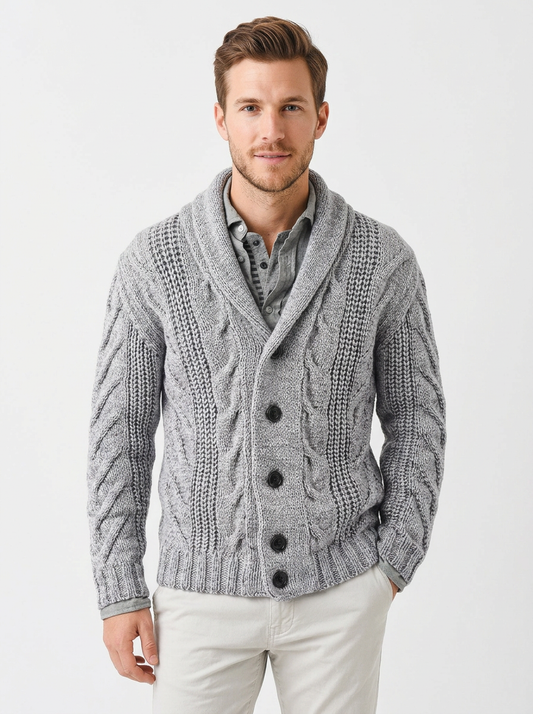 Men's Cable Knit Cardigan Shawl Collar Button-Front Sweater