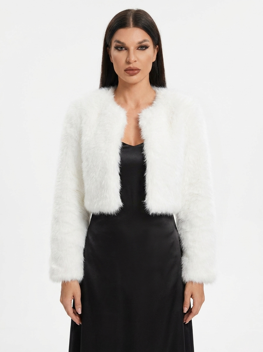 Women's Faux Fur Jacket Cropped Collarless Open-Front Coat