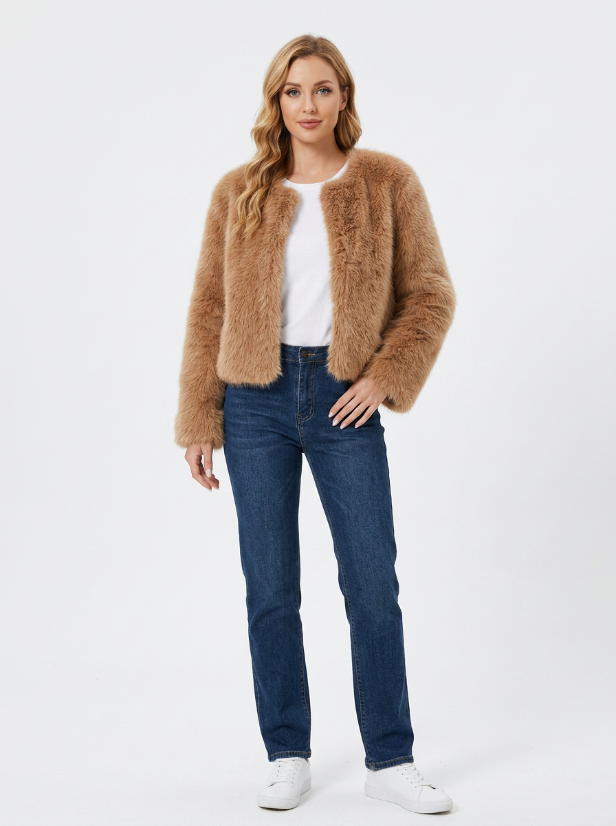 Women's Faux Fur Jacket Cropped Collarless Open-Front Coat