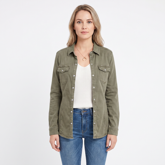 Women's Snap Button Shirt Twill Utility Long Sleeve Blouse