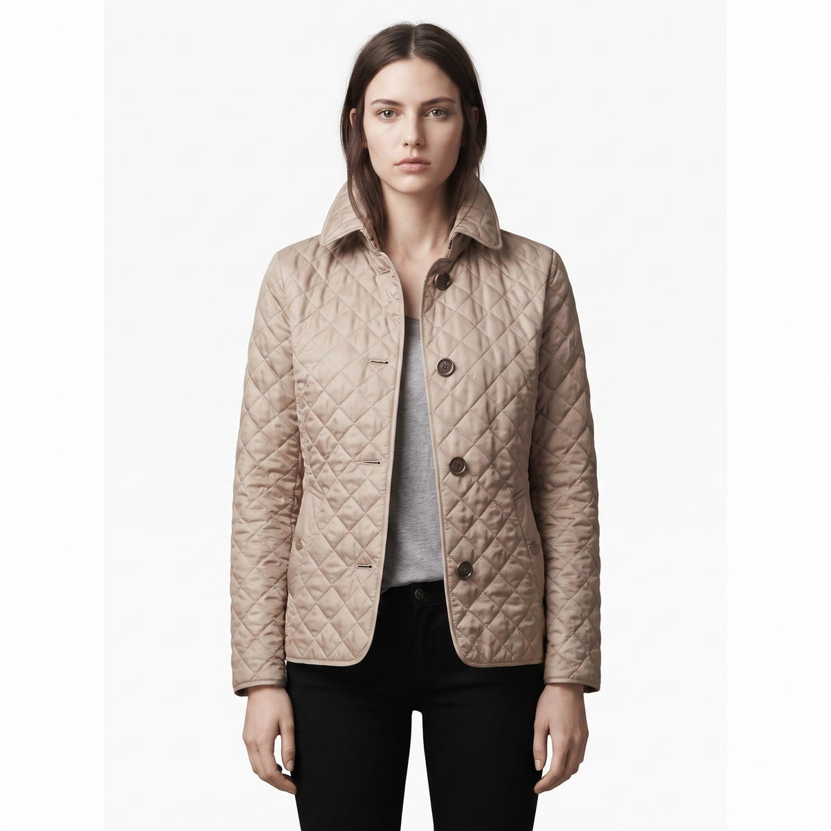 Women's Quilted Jacket Diamond Stitch Stand Collar Fitted Coat