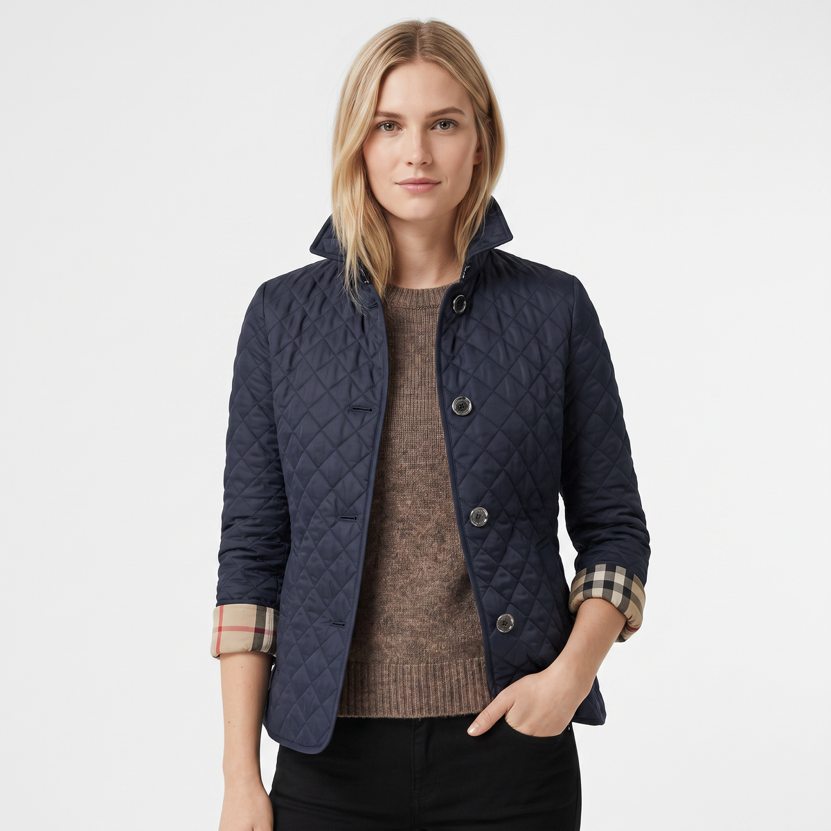 Women's Quilted Jacket Diamond Stitch Stand Collar Fitted Coat