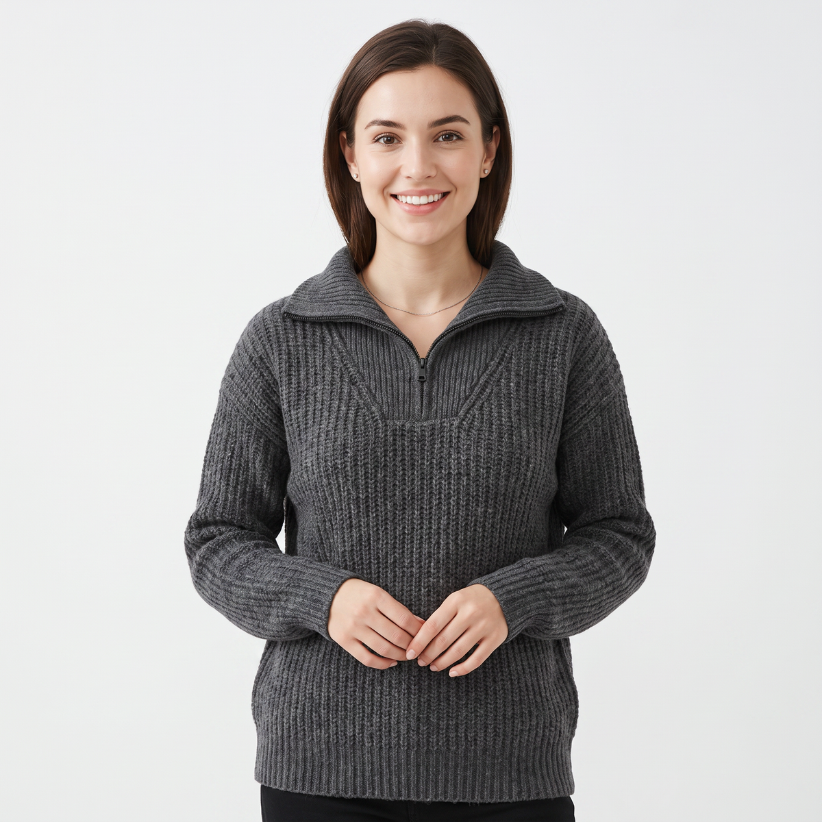 Women's Quarter Zip Sweater Ribbed Knit Collared Pullover