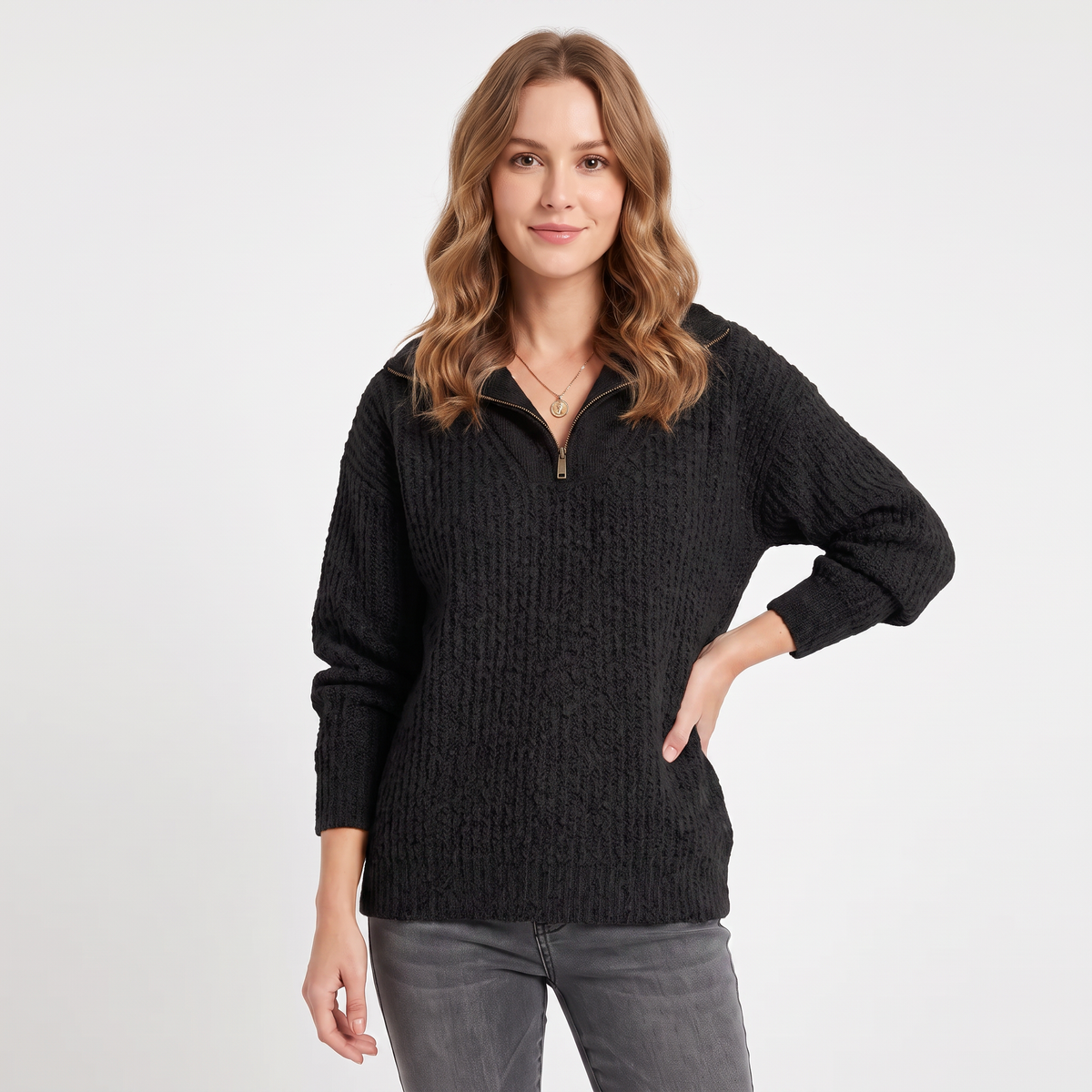 Women's Quarter Zip Sweater Ribbed Knit Collared Pullover