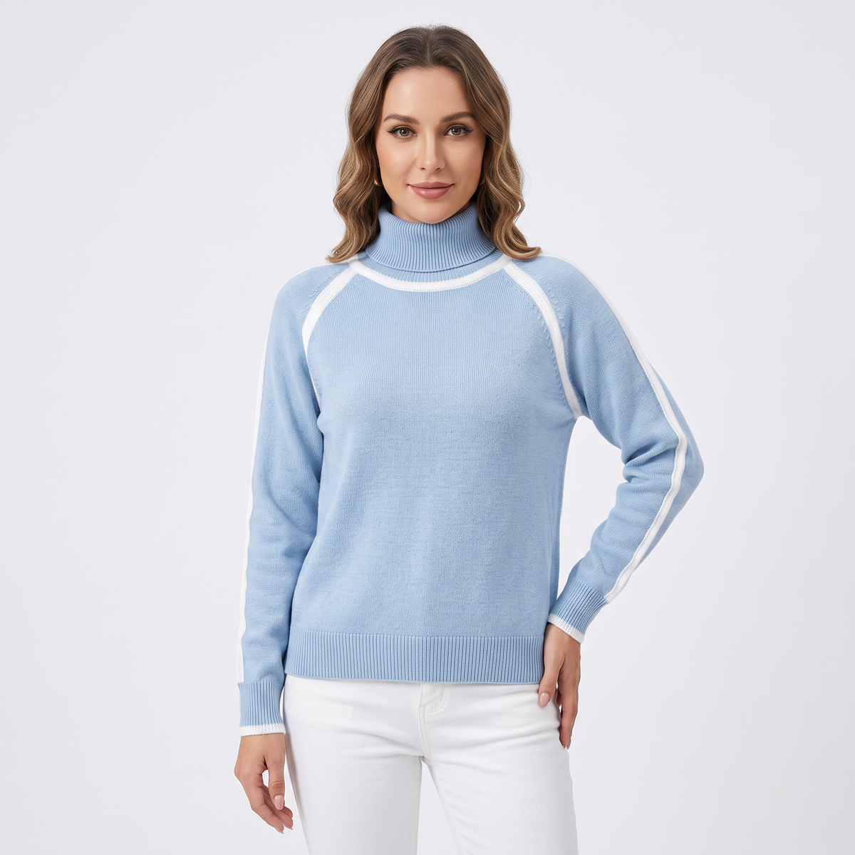 Women's Turtleneck Sweater Contrast Trim Raglan Sleeve Pullover