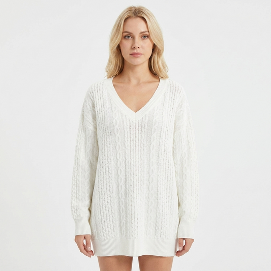 Women's Cable Knit Sweater Oversized V-Neck Long Sleeve Pullover